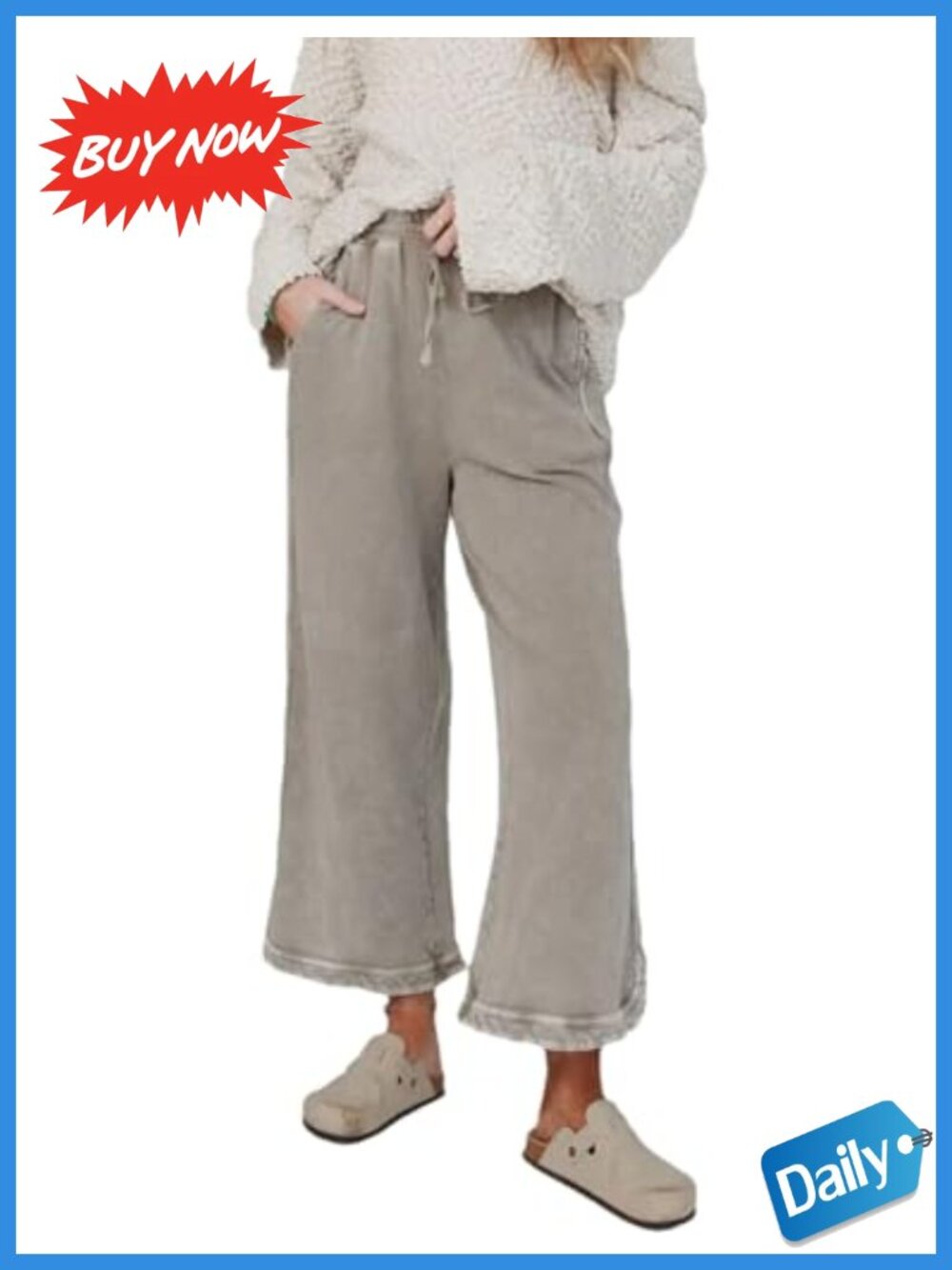 Womens Acid Wash Wide Leg Sweatpants Drawstring Waist Cotton Blend